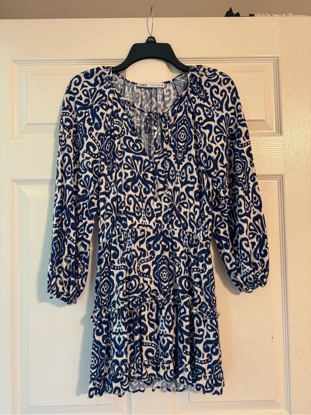 Zara Navy and White Printed Long-Sleeve Tiered Dress